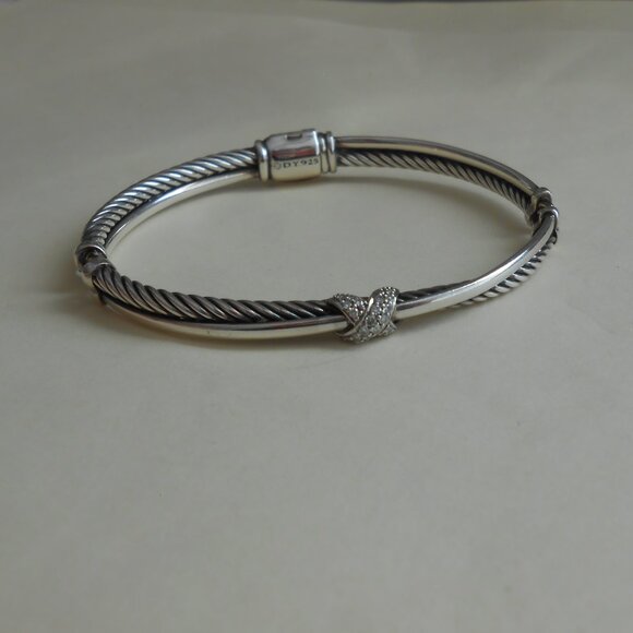 David Yurman Sterling Silver Petite X Diamond Crossover Bracelet EUC - Picture 1 of 14